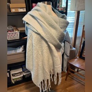 Cozy Light Green and White Fringed Shawl by mer|sea